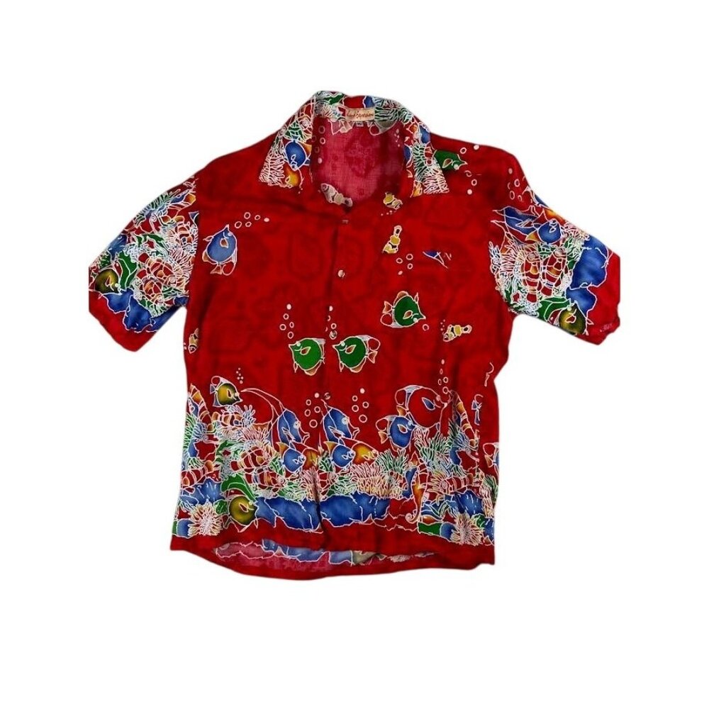 Vintage Island Expressions Hawaiian Shirt Men's XL Red Tropical Fish Coral